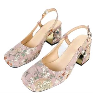 Floral Block Heel Slingback Shoes